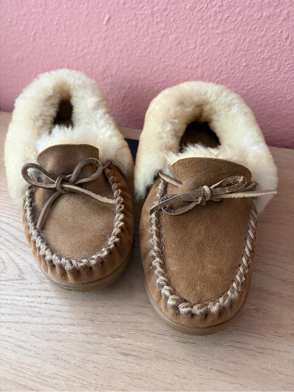L.L. Bean Women's Chestnut Suede Shearling-Lined Moccasins